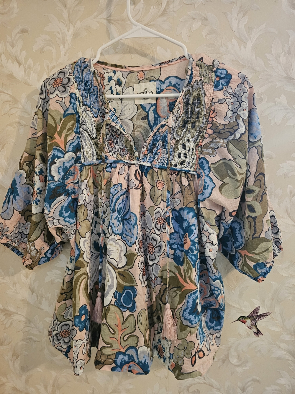 Umgee Blue and Pink Floral Smocked Peasant Top